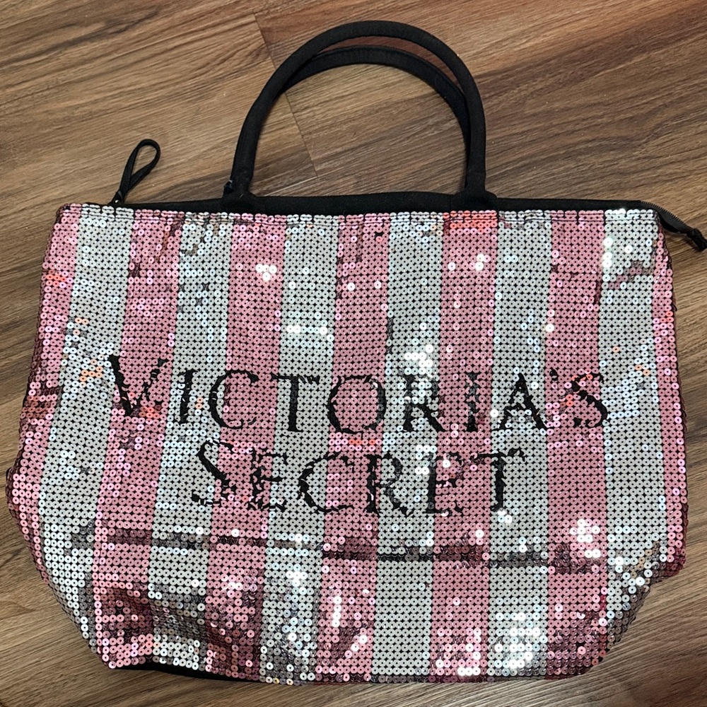Victoria's Secret Pink and Silver Striped Sequin Tote